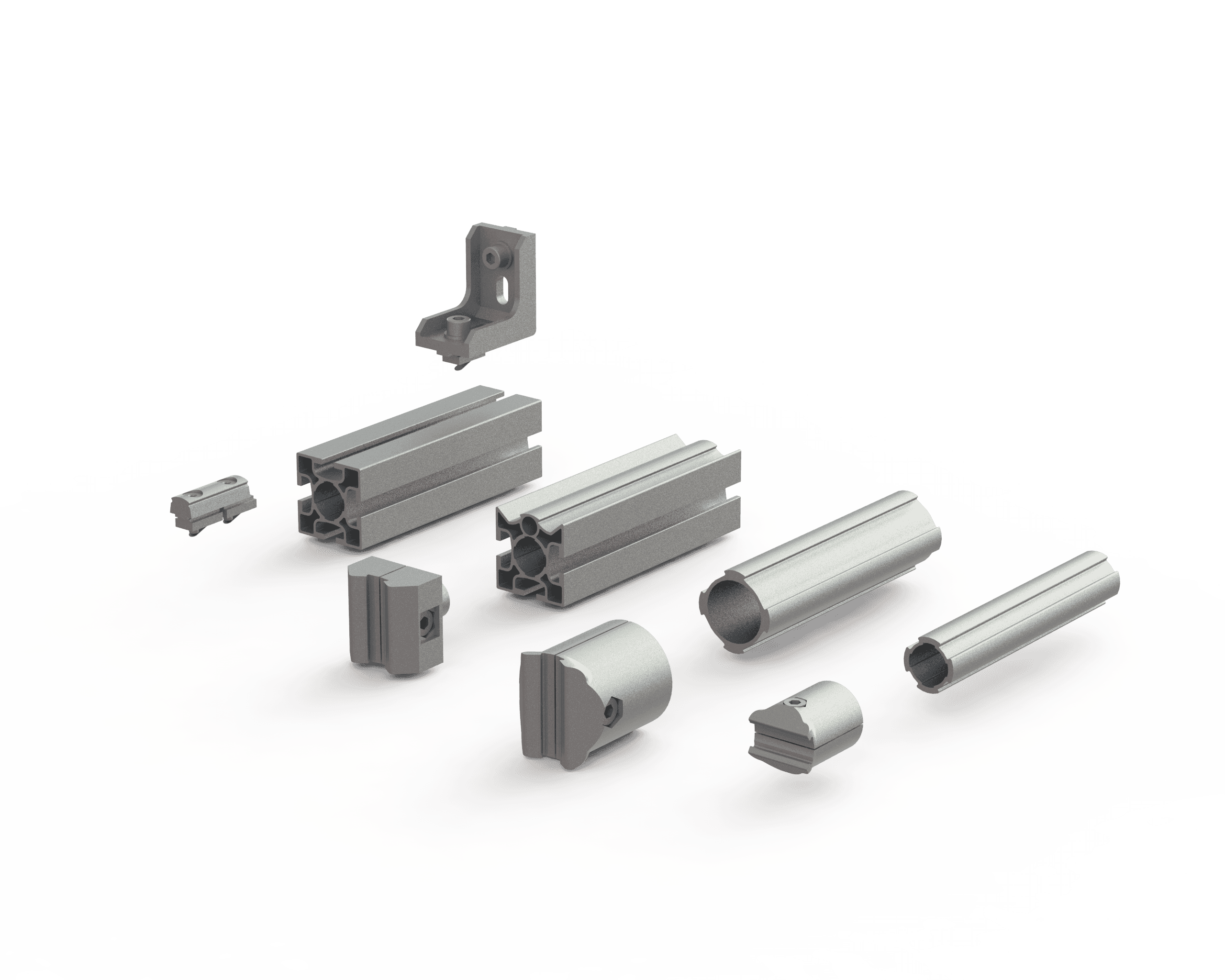 Rendu 3D des tubes aluminium ronds, carrés et joints assortis