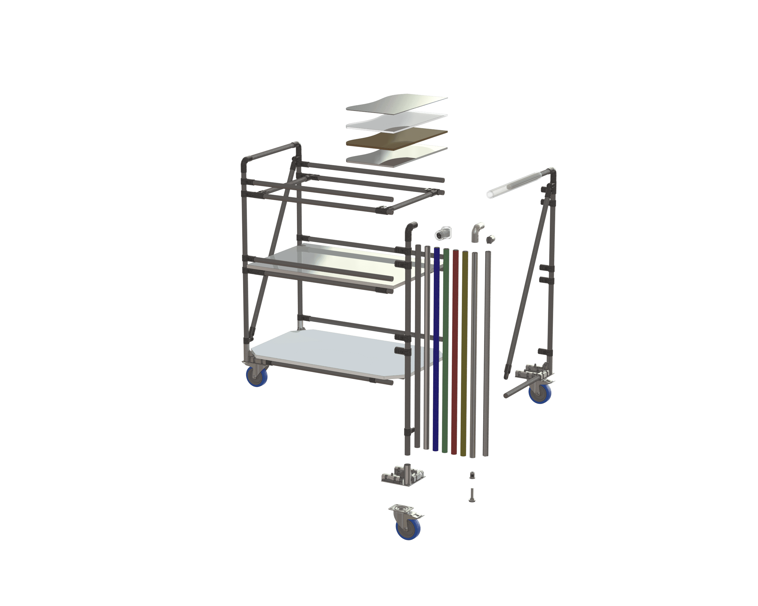 Rendu 3D éclaté d'un meuble tubulaire conçu par le bureau d'études AT Sourcing