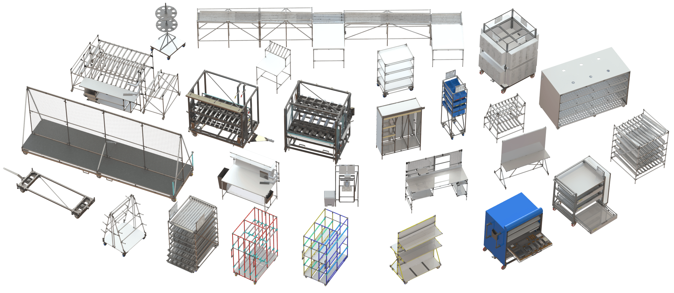 Rendu 3D d'équipements d'atelier modulaires sur roulettes